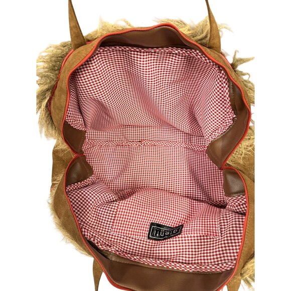 Atenti Brown Faux Fur Shag Weekender Overnight Travel Bag Red Trim Vintage - Picture 13 of 13